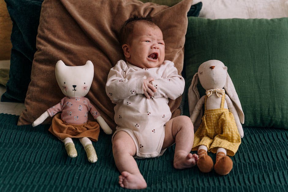 bebé llorando con chupete en la boca rodeado de juguetes y una manta